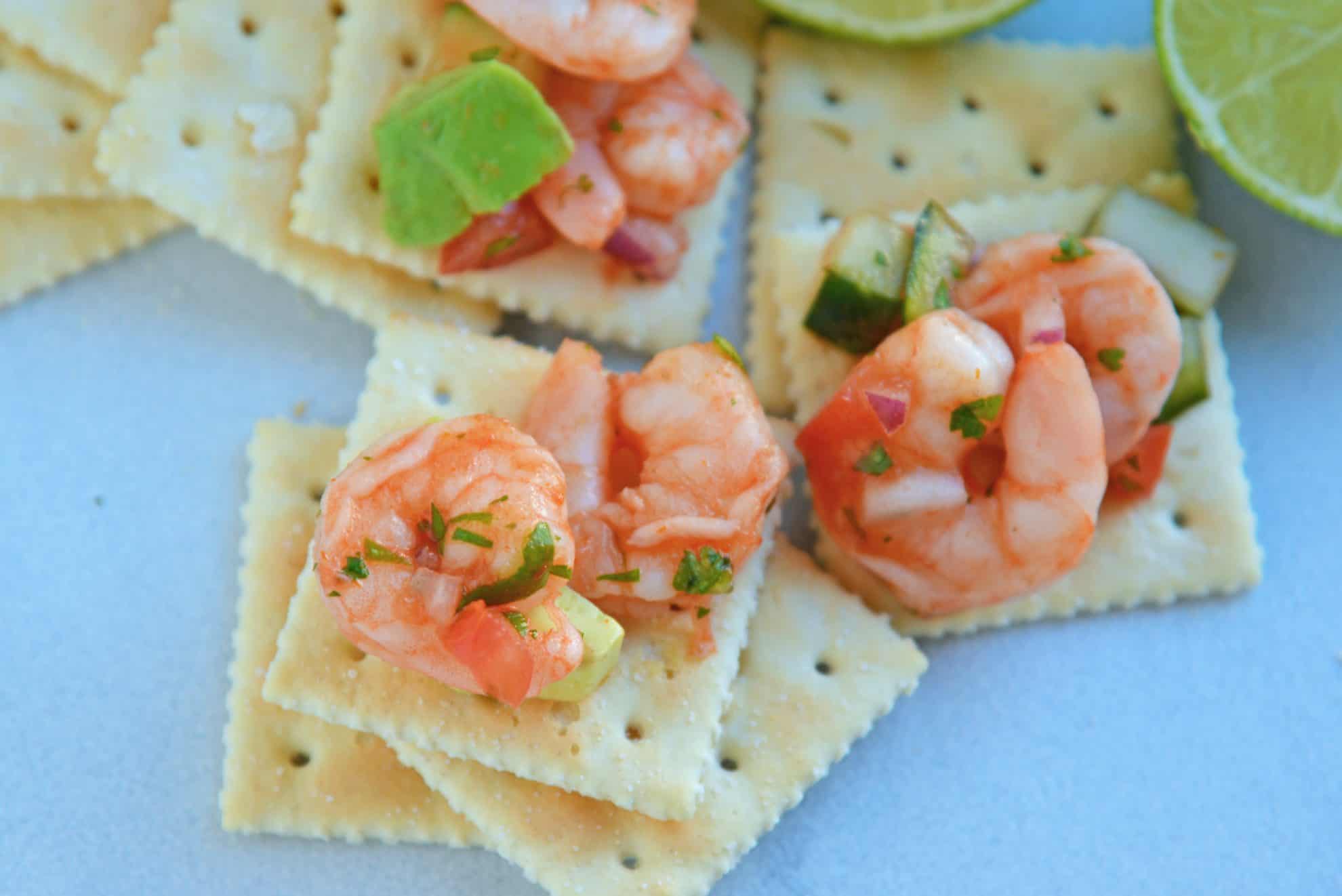 Mexican shrimp cocktail on saltine crackers 