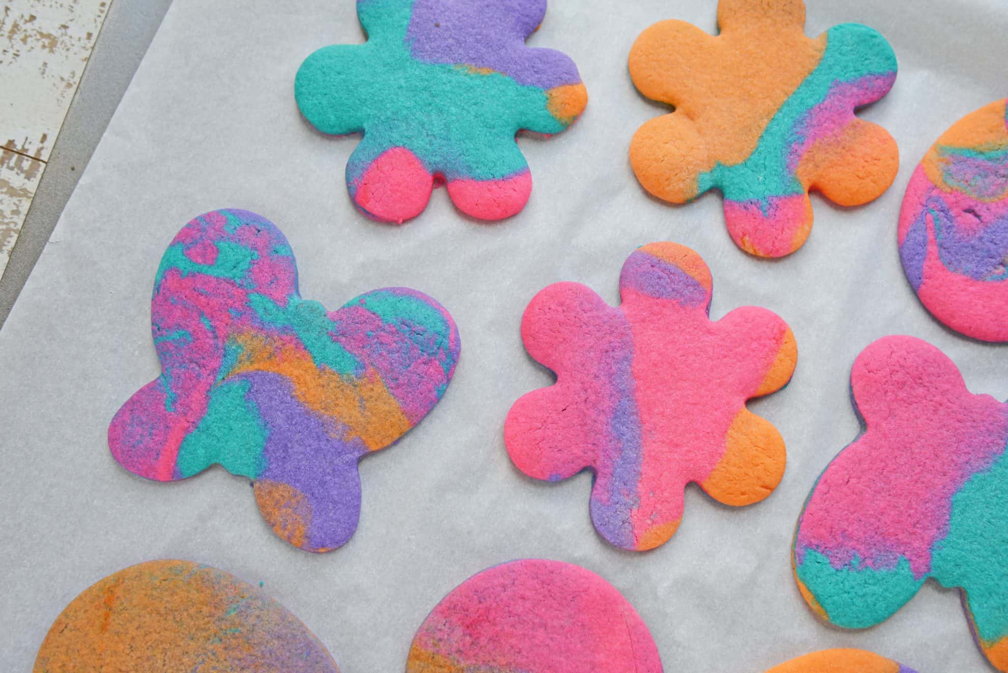 Tie Dye Sugar Cookies on baking sheet