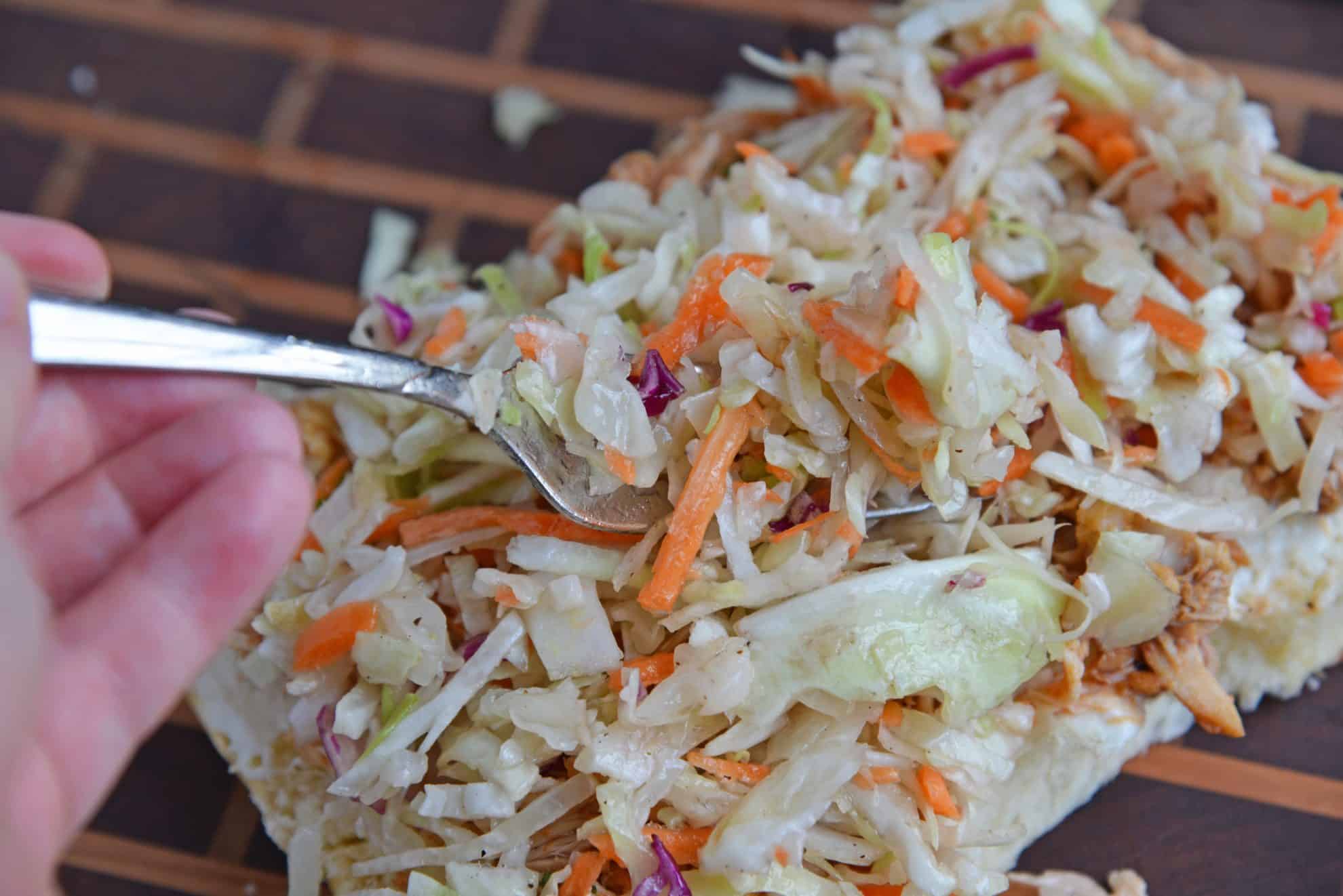 Vinegar coleslaw on a fork 