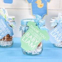 straight on shot of baby shower favors