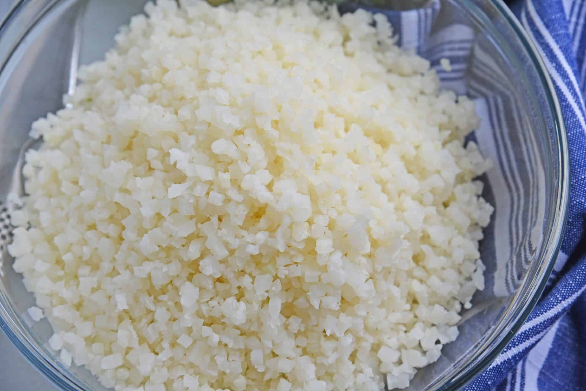 close up of riced cauliflower in a glass bowl 