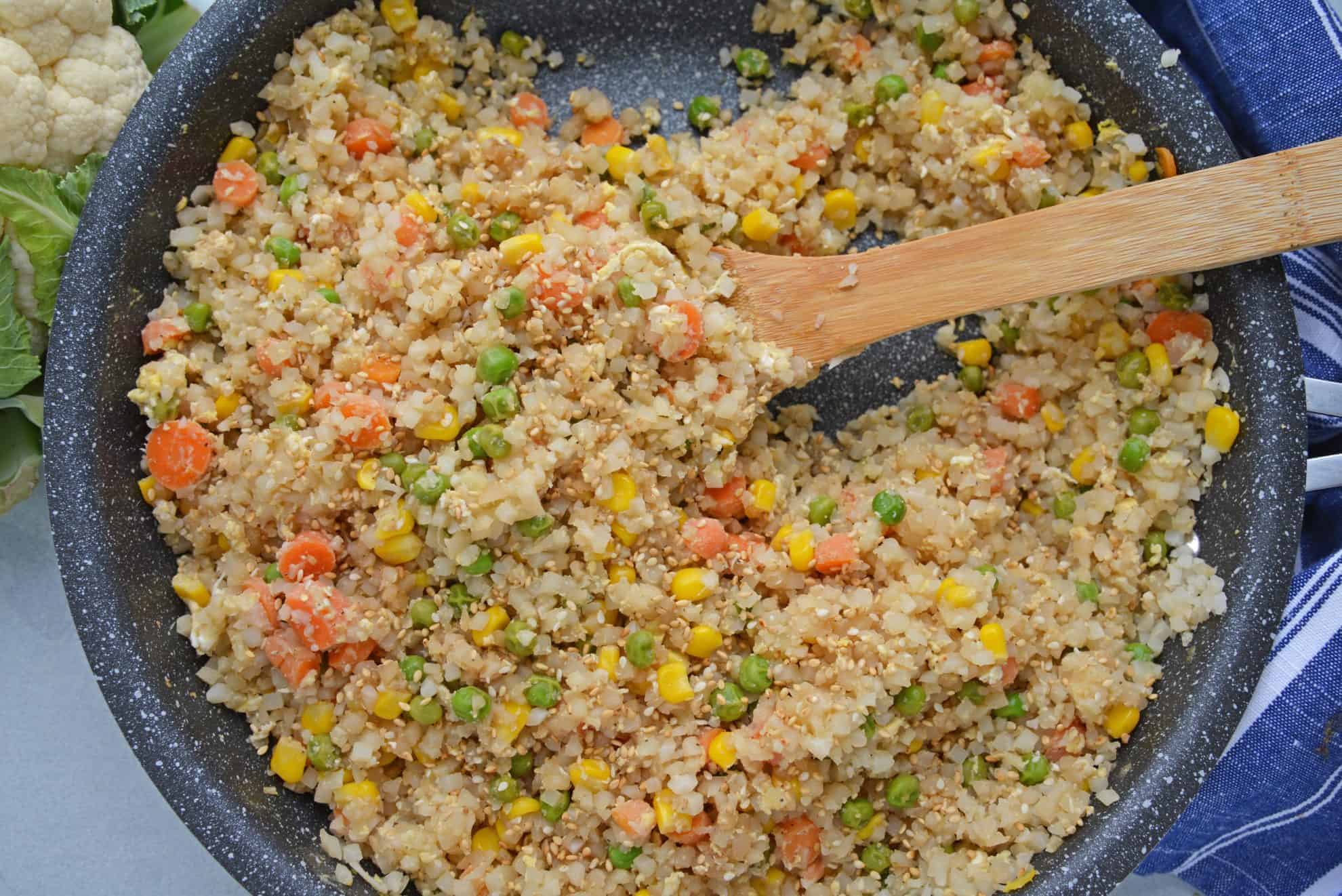 skillet of veggie fried rice with cauliflower