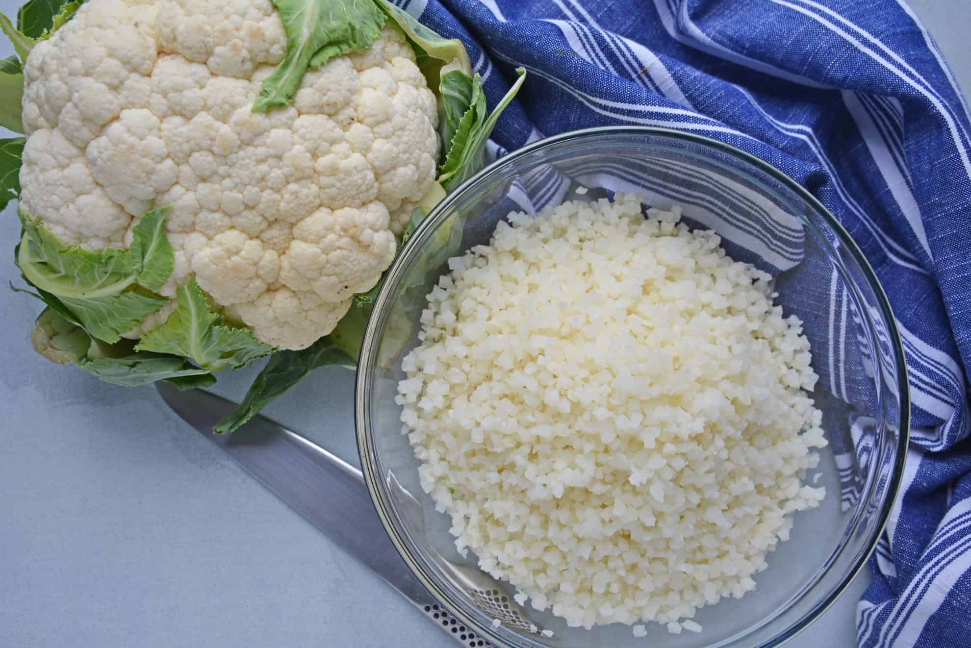 riced cauliflower next to a head of fresh cauliflower