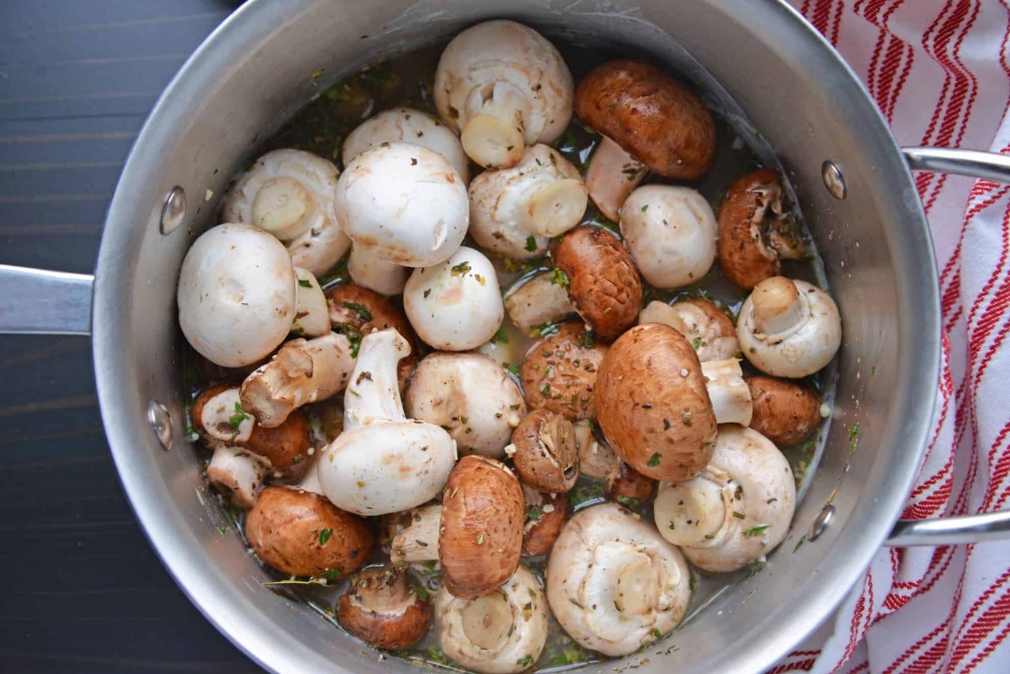 Sauteed mushrooms in stainless steel sauce pan