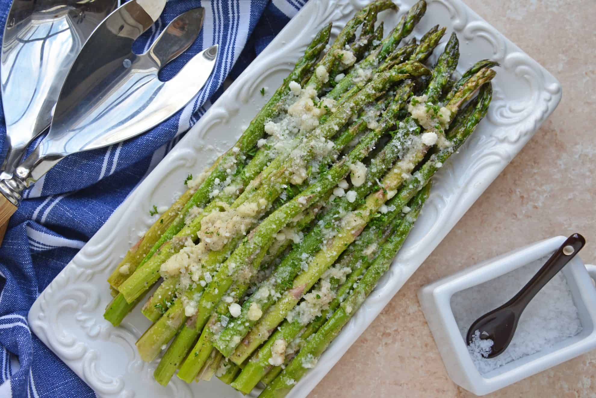 Overhead of Garlic Parmesan Asparagus on Serving Dish