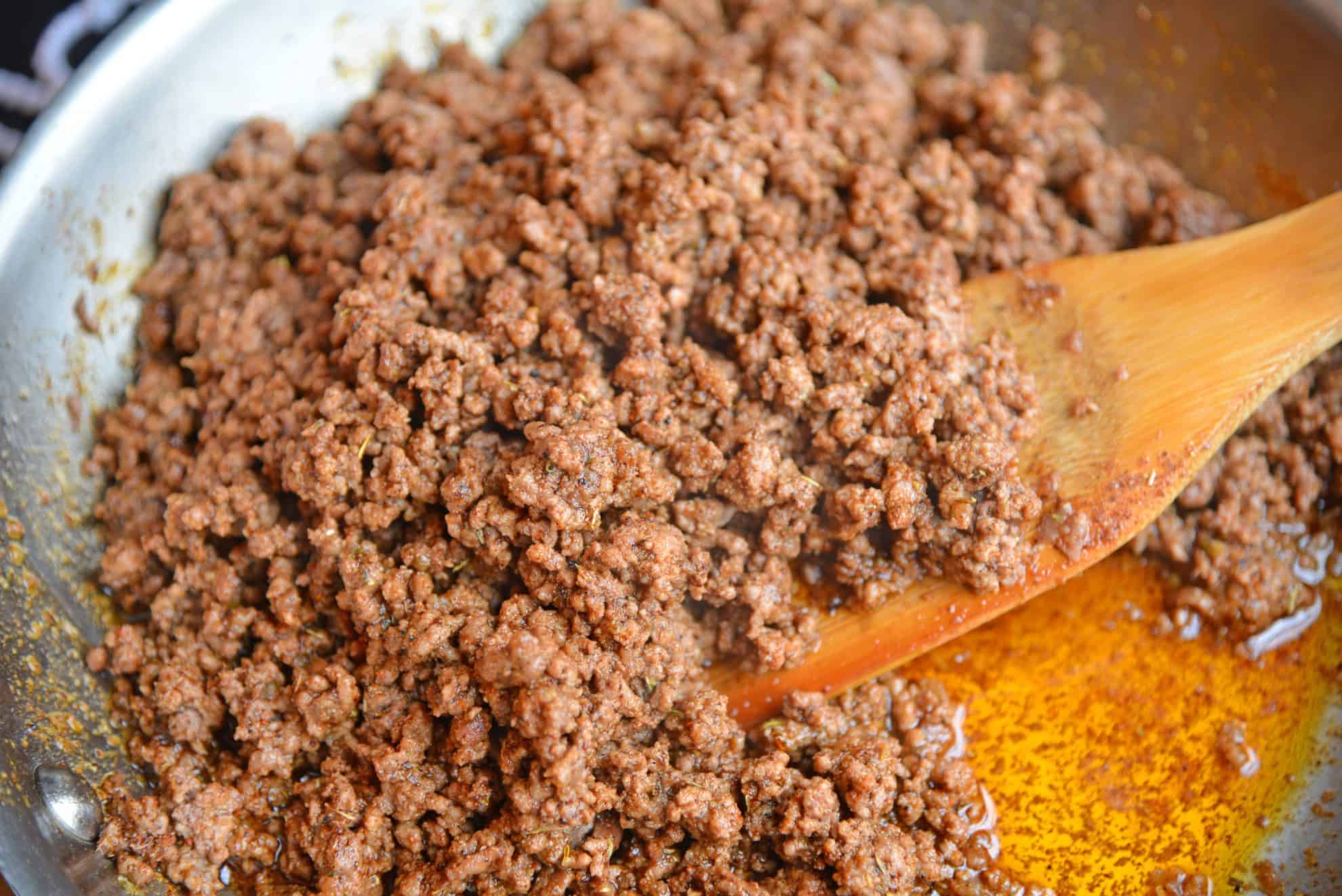 ground beef in a skillet 