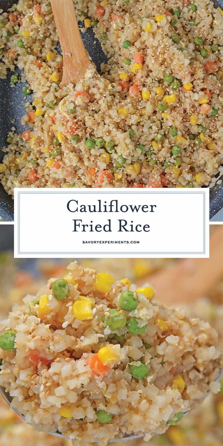 A dish is filled with cauliflower fried rice 