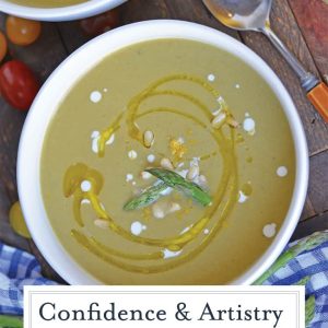 decorated bowl of creamy asparagus soup 