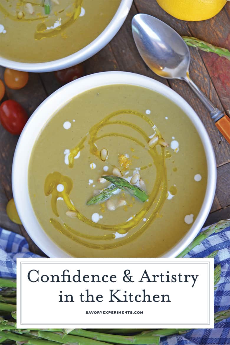 decorated bowl of creamy asparagus soup 