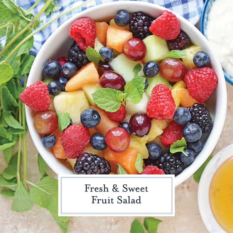 overhead of colorful fruit salad with mint 