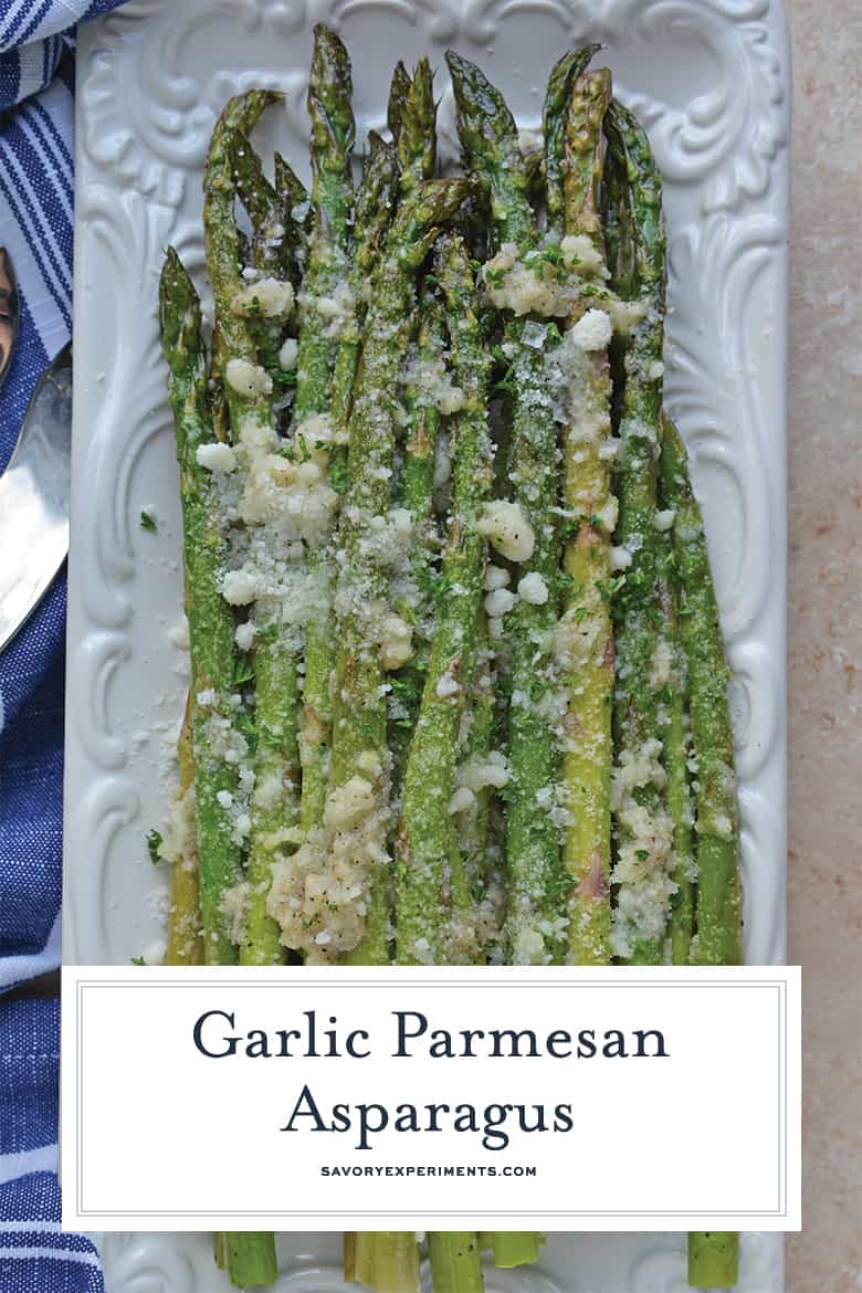 Garlic Parmesan Asparagus on a White Serving Dish with Blue Napkin