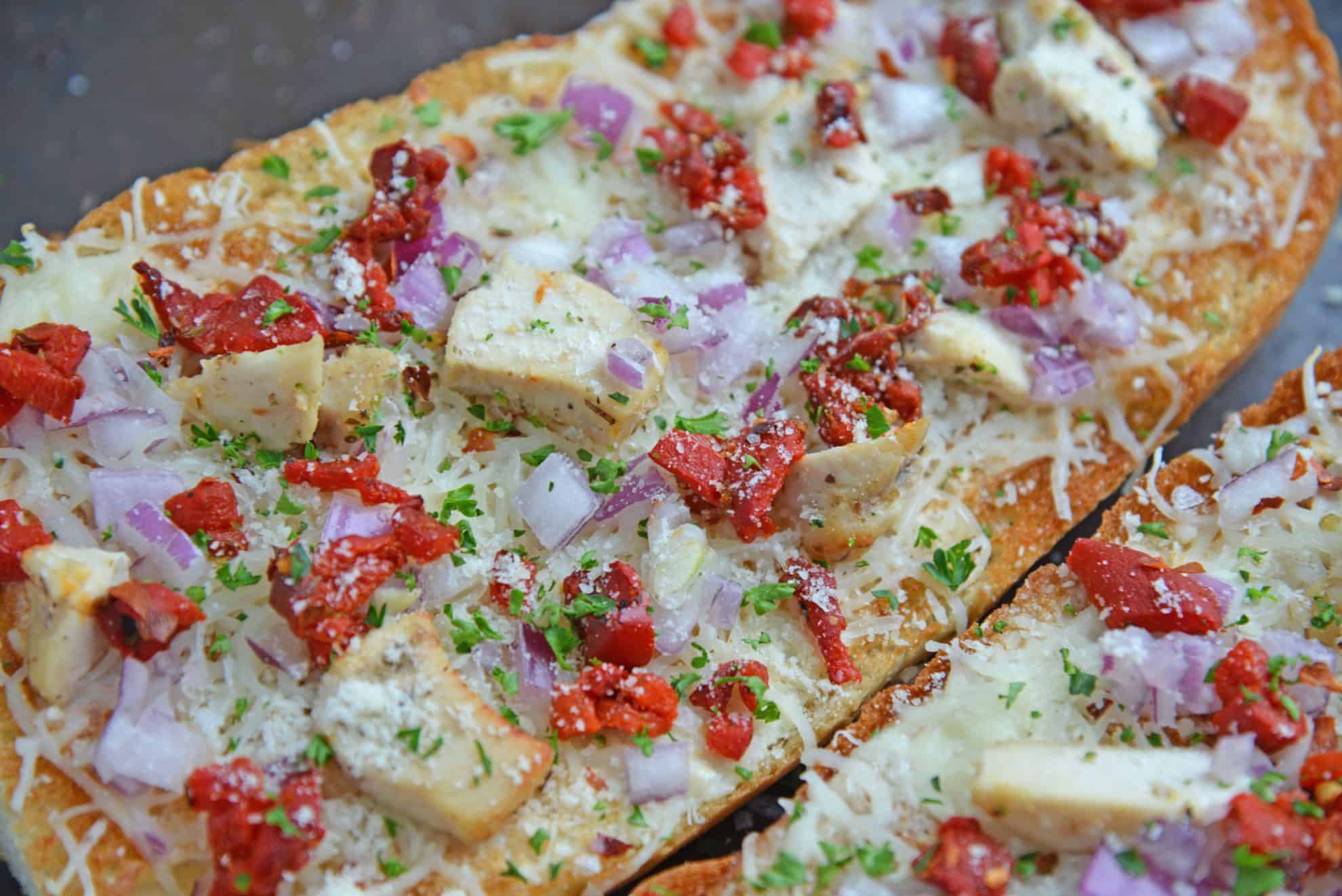 Angle image of chicken alfredo French bread pizza 