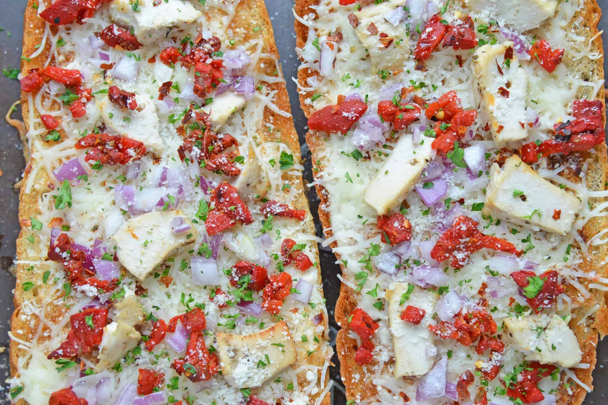Close up of french bread pizza