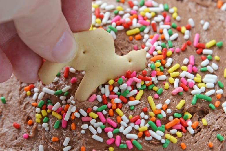 Animal cracker dipping into chocolate dunkaroo dip