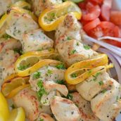 Close up of greek chicken skewers