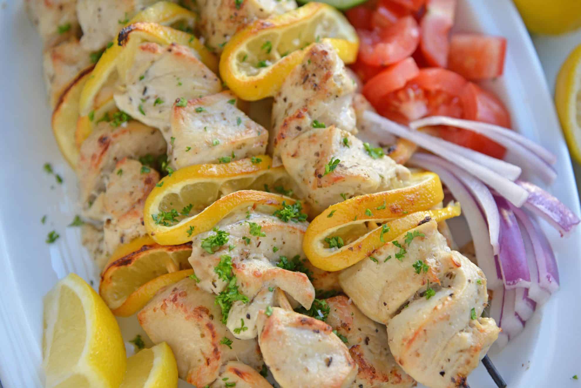 Close up of greek chicken skewers