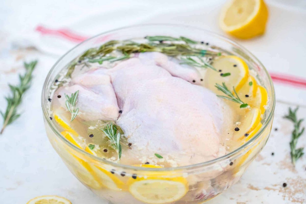 brine for chicken recipe with fresh herbs, lemon and peppercorns 