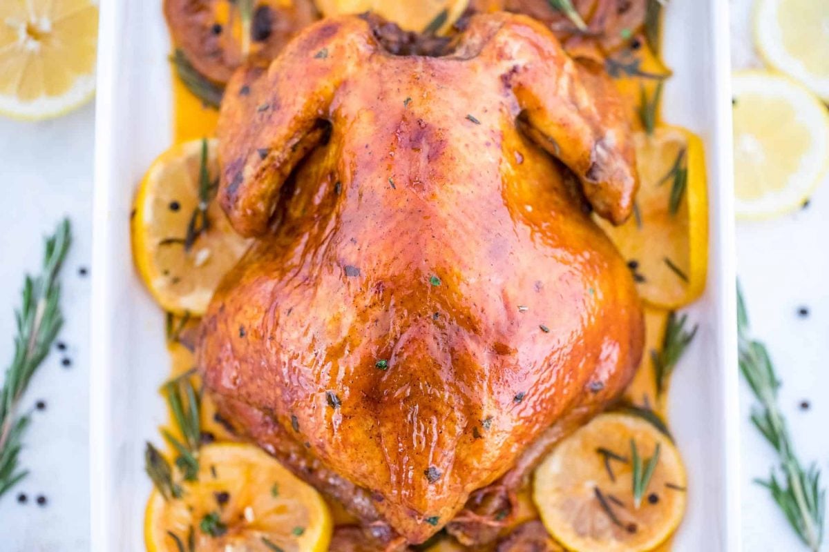 OVerhead of brined and roast chicken