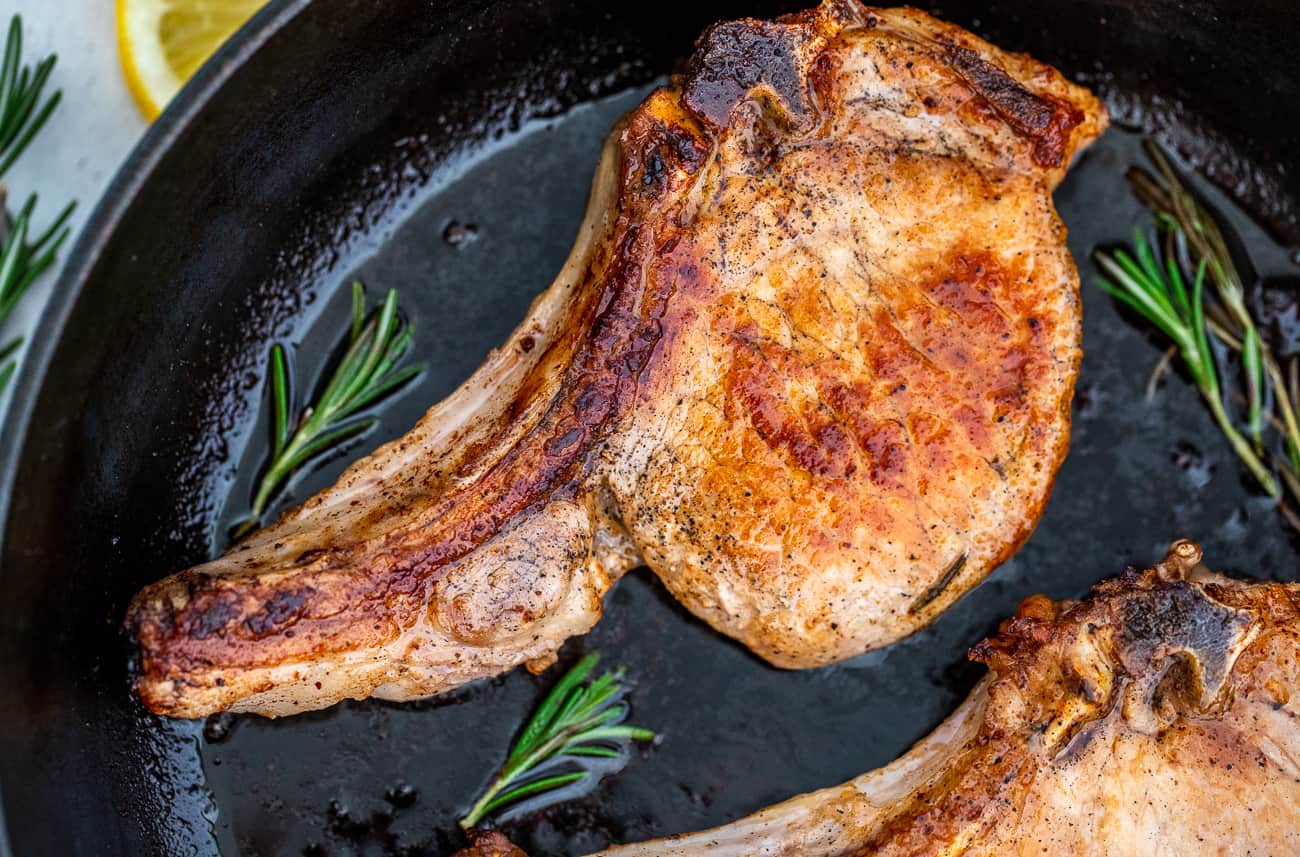 Pork chop in cast iron skillet