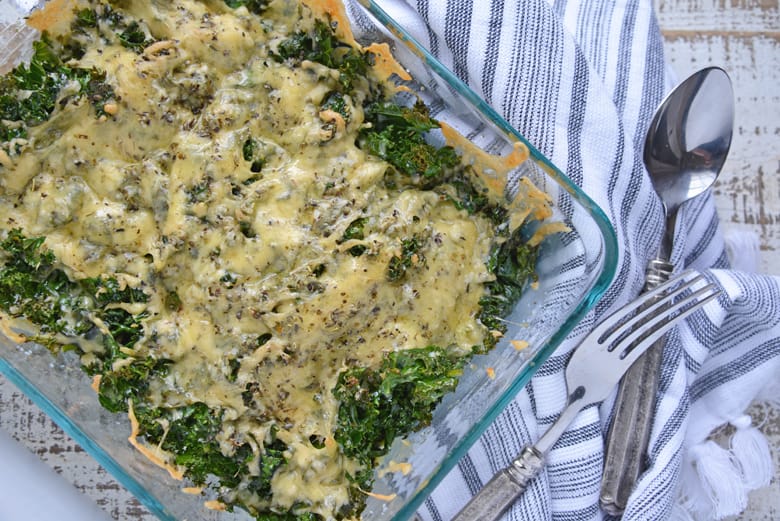 Overhead of baked kale gratin