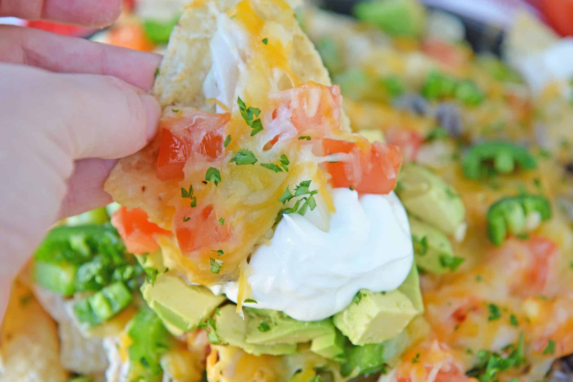 Nacho chip with sour cream and toppings