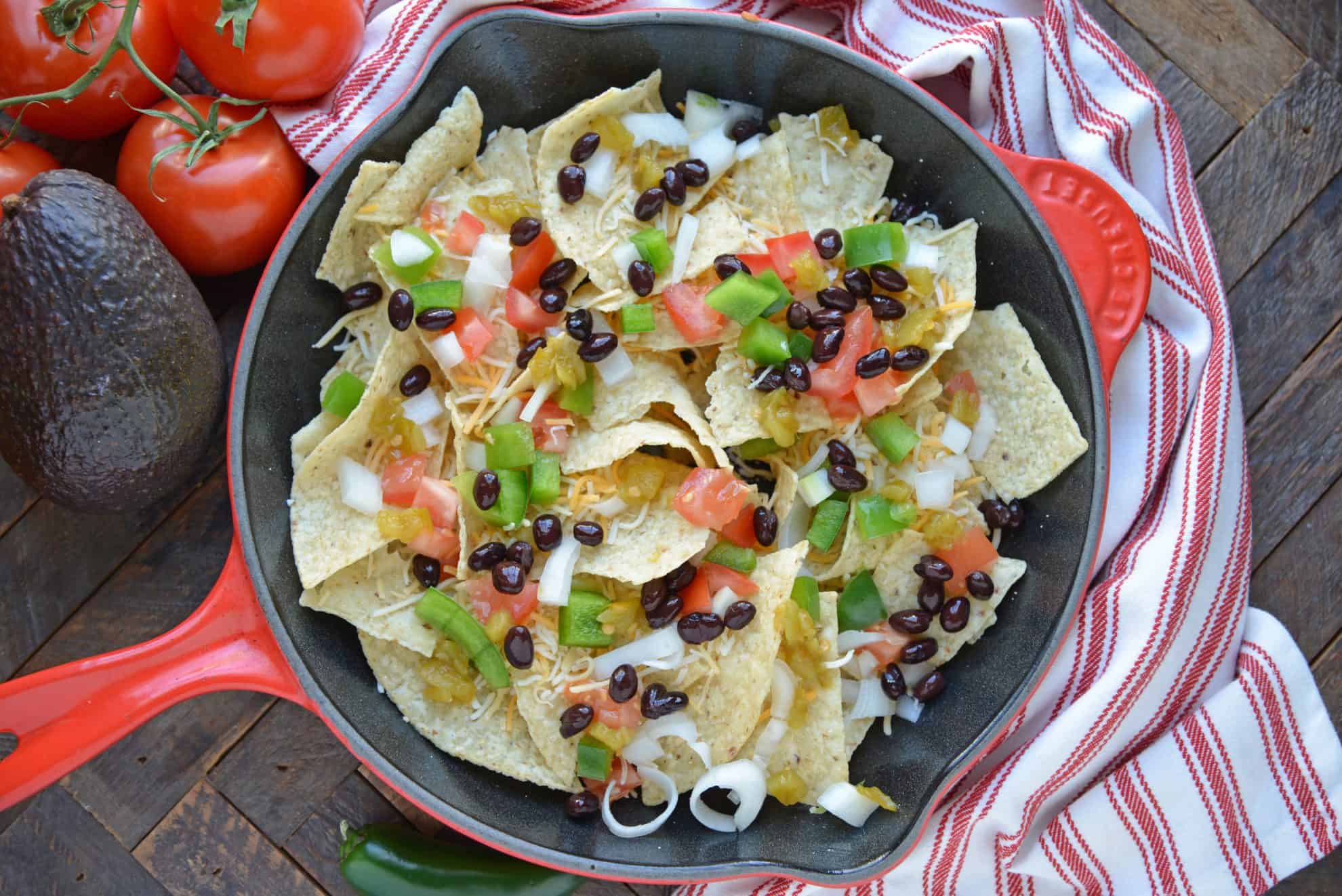 First layer of skillet nachos