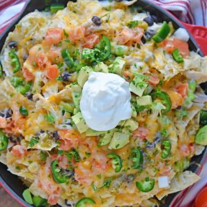 Overhead of finished skillet nachos