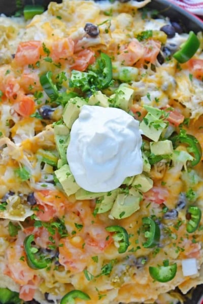 Overhead of finished skillet nachos