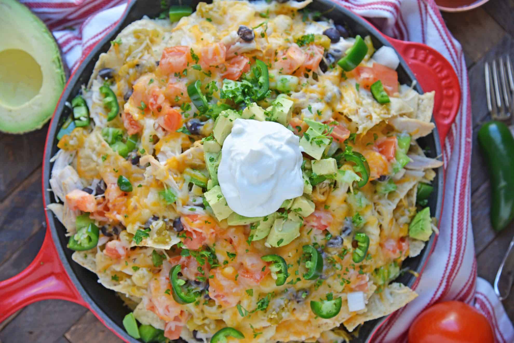 Overhead of finished skillet nachos