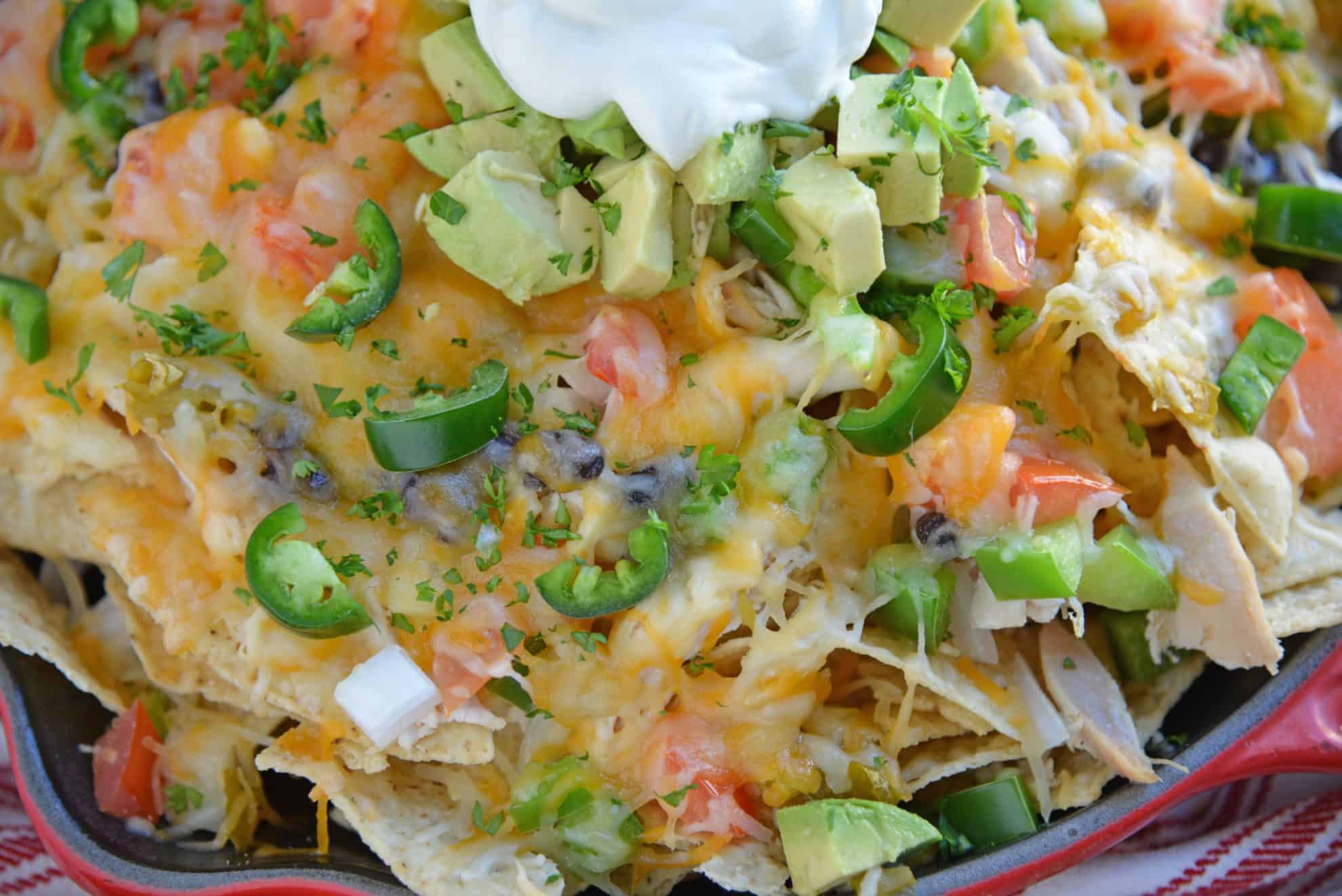 Close up of skillet nachos