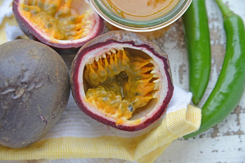 Passion fruit cut in half