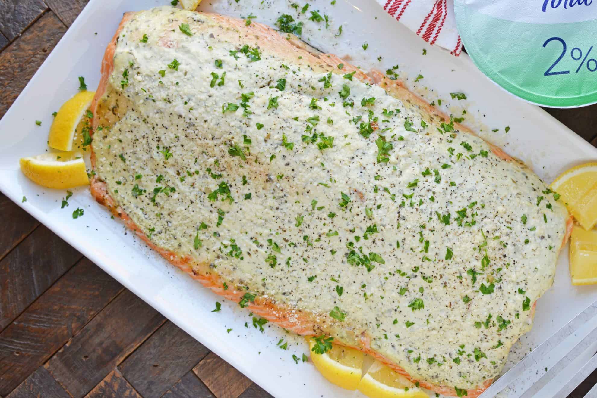 Overhead of pesto salmon