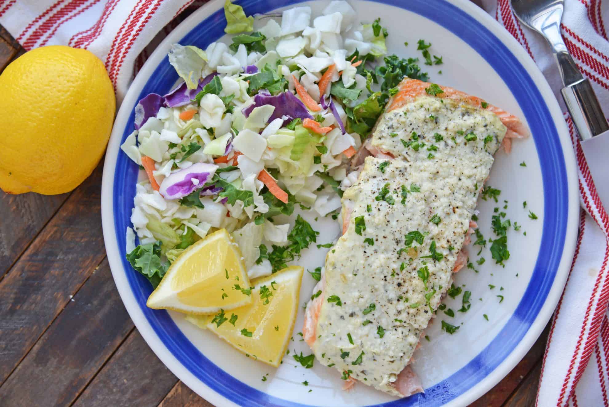 Pesto salmon on a plate