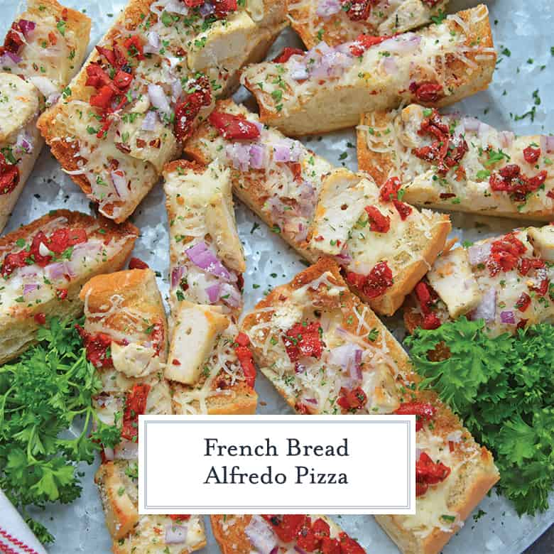 Cut up pieces of Alfredo French bread pizza