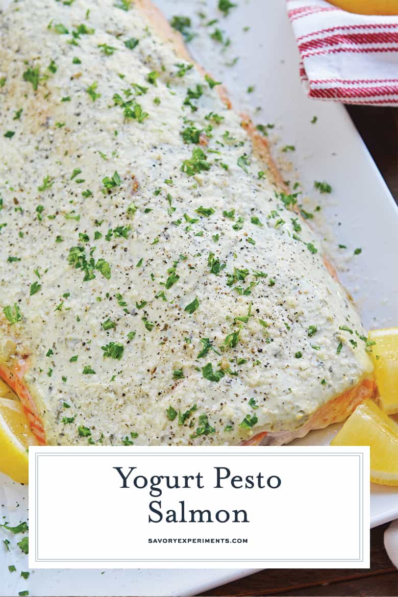 Pesto salmon on white serving platter