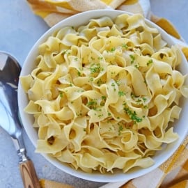 buttered noodles in a serving dish