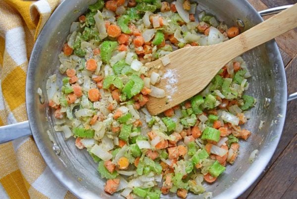 vegetables for chicken pot pie casserole in a skillet