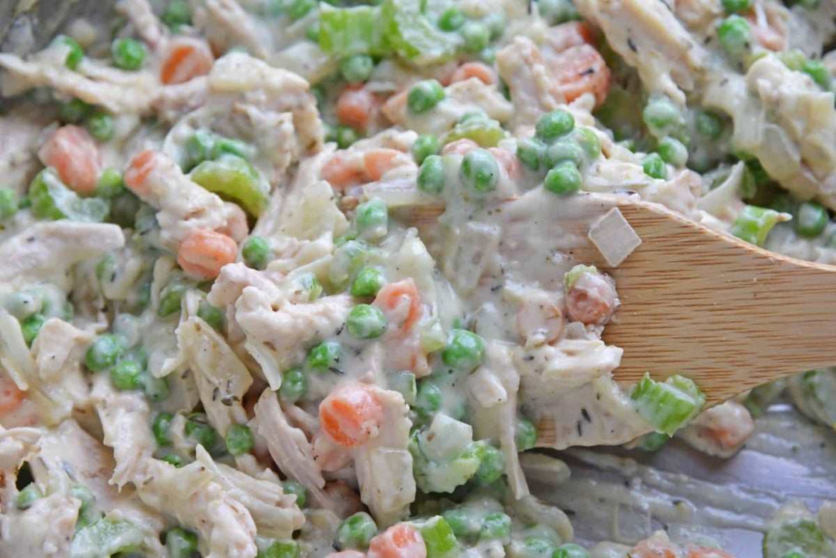 chicken pot pie filling in a skillet