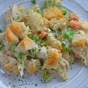 Chicken pot pie casserole on a serving dish