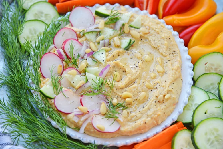 Angle shot of hummus bowl