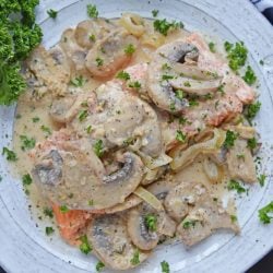 overhead view of mushroom asiago chicken