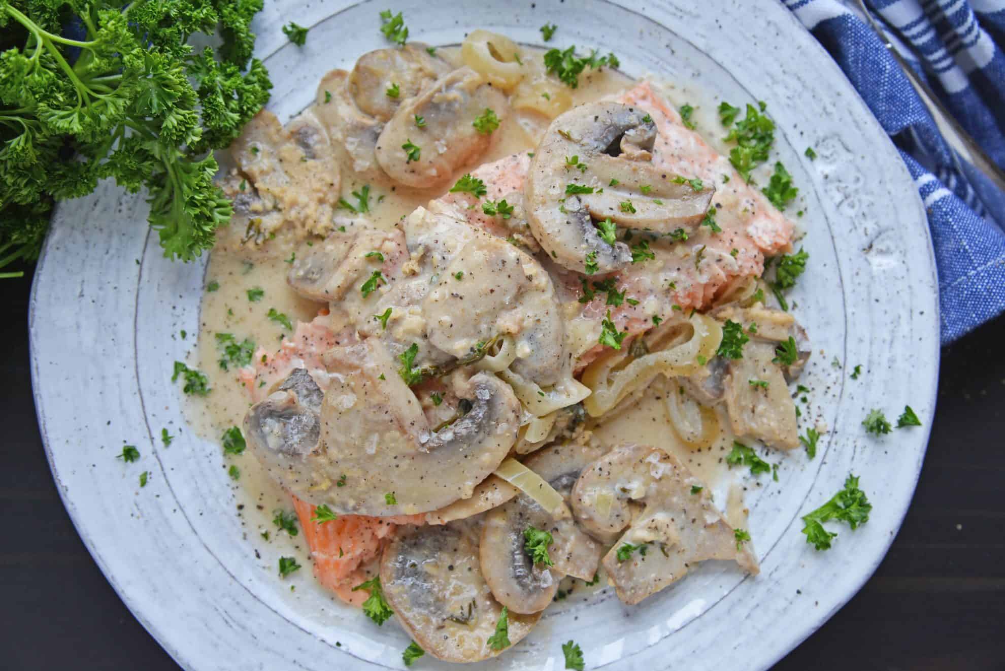 overhead view of mushroom asiago chicken