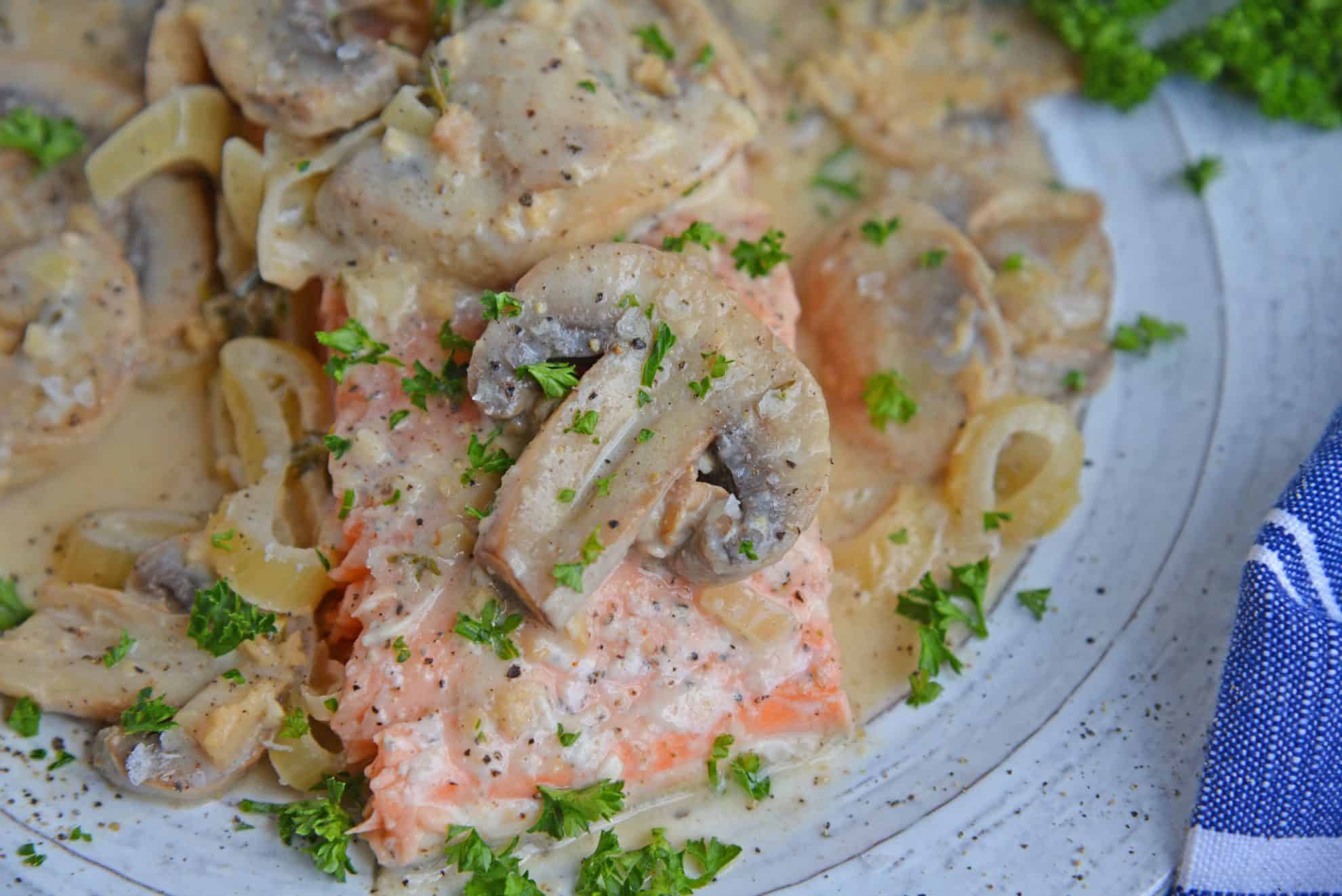 close up of mushroom salmon recipe