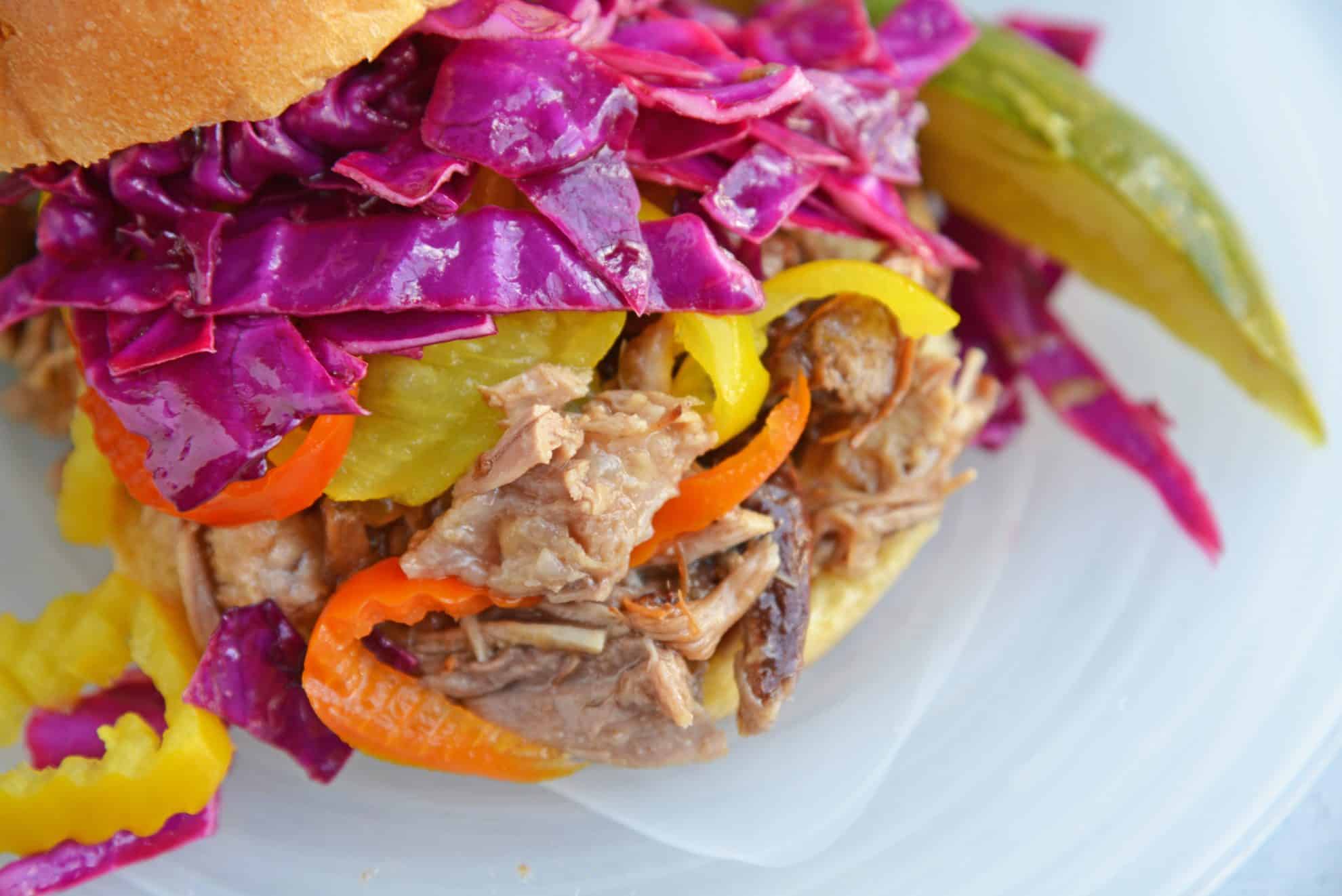 Close up of pulled pork sandwich with slaw
