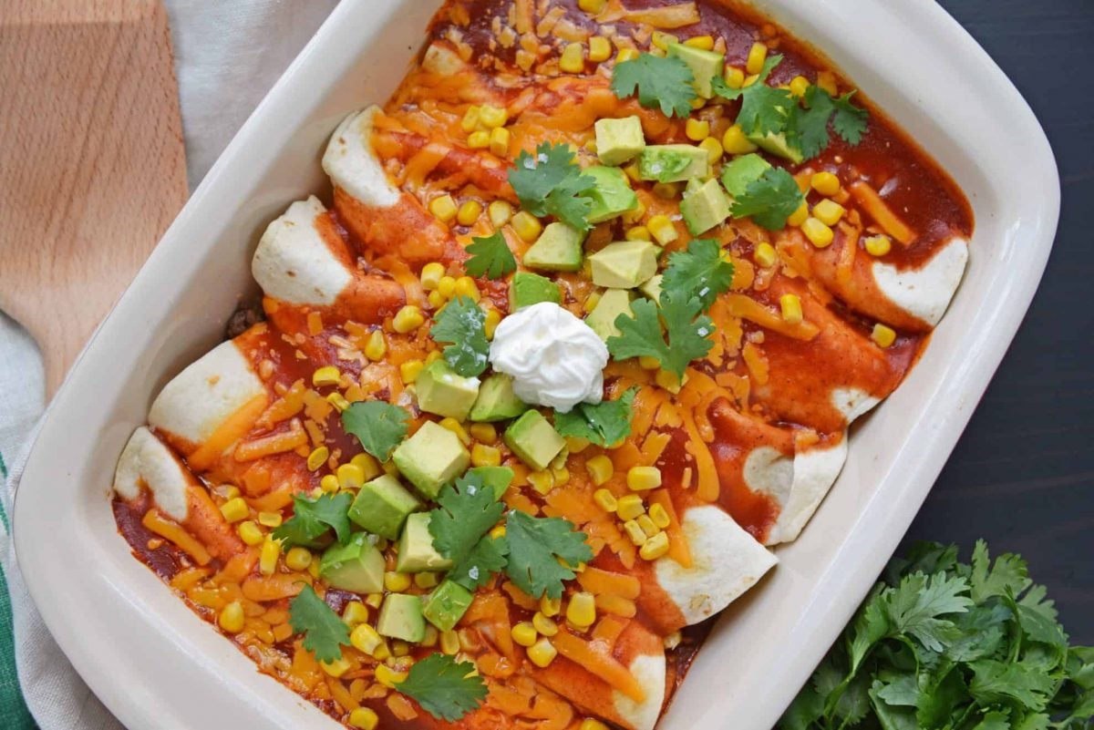 overhead of smothered beef burritos