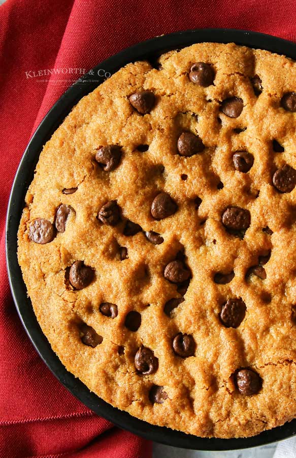 Overhead view of air fryer chocolate chip skillet cookie