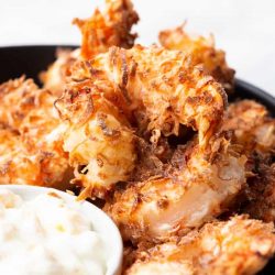 close up of air fryer coconut shrimp