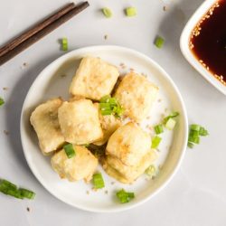 overhead of air fryer tofu nuggets