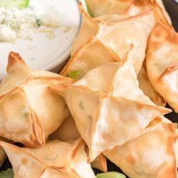 buffalo chicken wontons with blue cheese dip