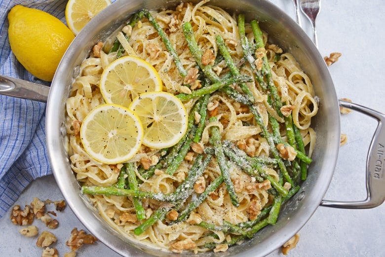 skillet with pasta cream sauce 